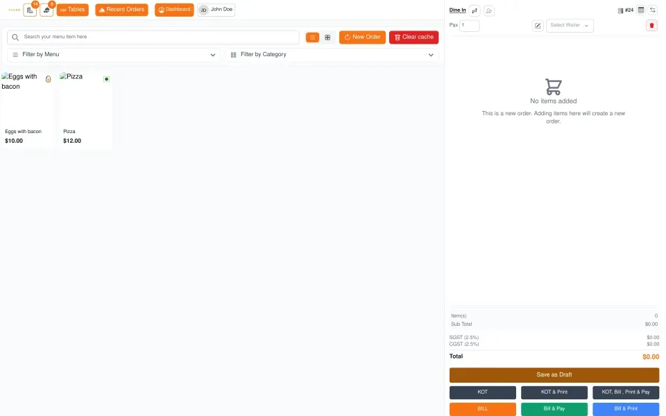 Tablet POS screen in Yammbo POS